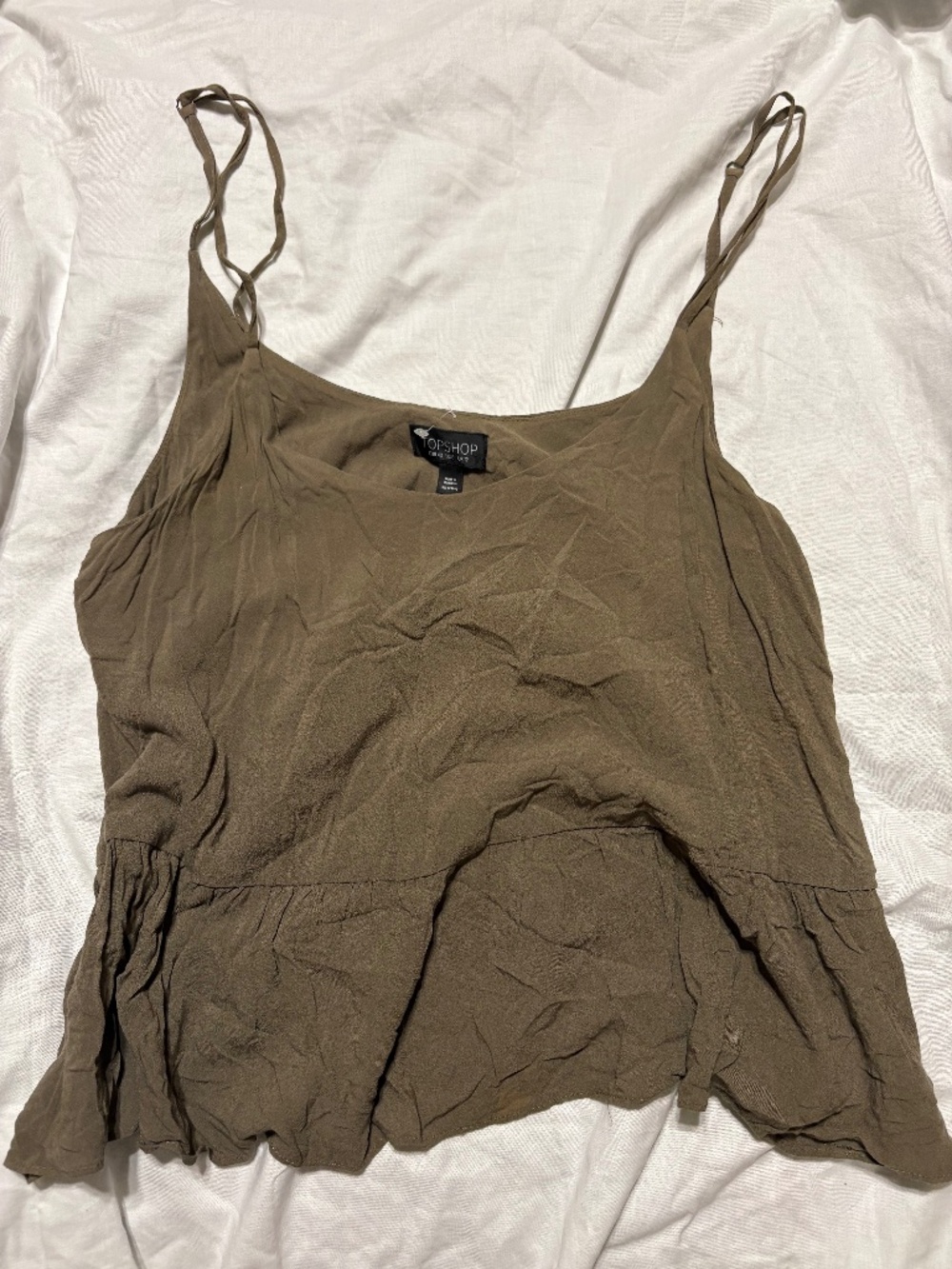 Topshop Olive Brown Crinkled Peplum Cami Top - Size US 8 / UK 12